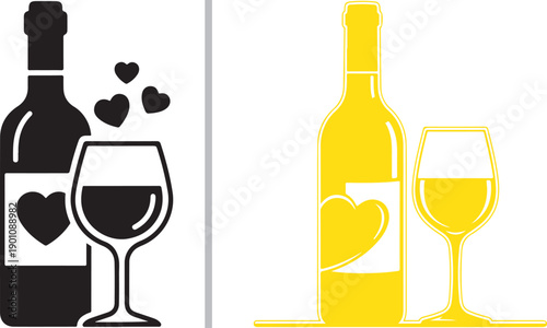 Two vector illustrations of a wine bottle and glass with heart accents. One is a solid black silhouette with white hearts, and the other is a bright yellow outline design for celebrations.