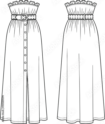 Detailed technical fashion illustration of a high waist maxi skirt with front buttons and belt, showing front and back views, flat design line art style