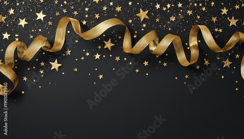Glistening golden ribbon and stars cascade across a deep, dark background