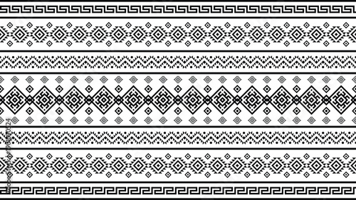 Ethnic geometric horizontal seamless pattern background in black and white with repeating tribal ornaments. Ideal for textile design, wallpaper, wrapping paper, invitation backgrounds, packaging desig