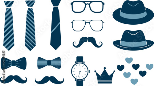 Men’s Fashion Accessories Icons Set, Ties, Hats, Glasses, Mustaches. Gentleman Style Elements Collection, Vintage Male Accessories Vector.