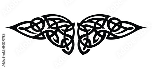 Celtic wing tattoo design, intricate tribal knot pattern with symmetrical feathers, ancient ornamental symbol, mythic and spiritual style body art, decorative black vector illustration isolated.
