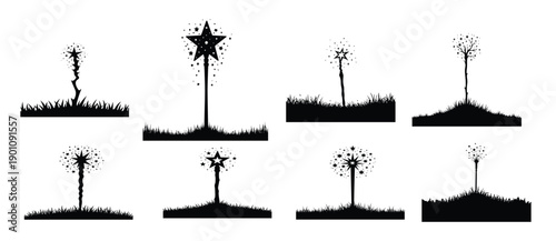 Black silhouettes of magical staffs and starbursts on grass