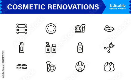 Cosmetic Renovations Line Icon Set with Professional Minimal Design and Modern Editable Elements for Construction and Home Improvement