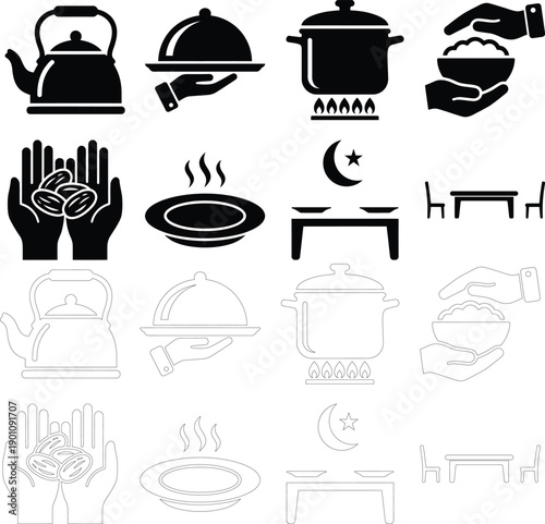 Collection of black and white icons depicting traditional cooking methods and cultural dining symbols isolated on transparent background