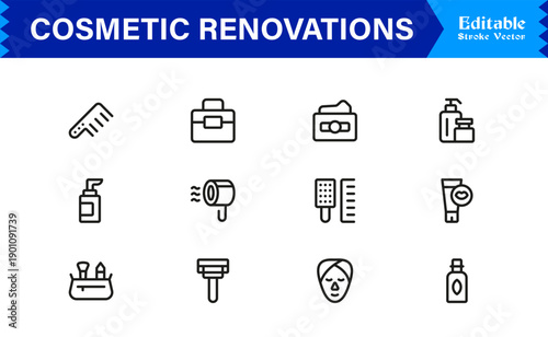 Cosmetic Renovations Line Icon Set with Professional Minimal Design and Modern Editable Elements for Construction and Home Improvement