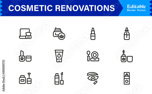 Cosmetic Renovations Line Icon Set with Professional Minimal Design and Modern Editable Elements for Construction and Home Improvement