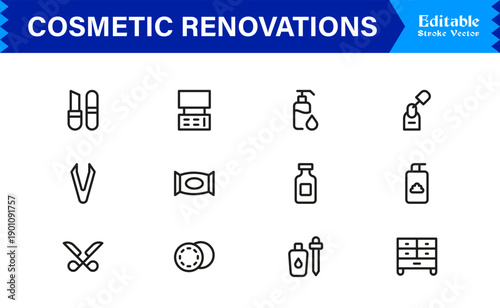 Cosmetic Renovations Line Icon Set with Professional Minimal Design and Modern Editable Elements for Construction and Home Improvement