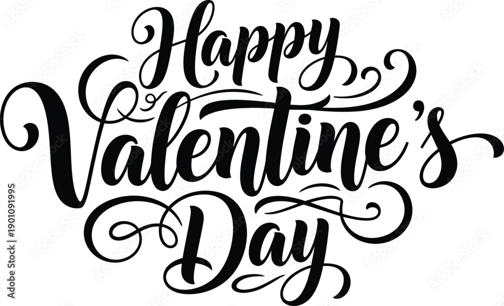 Fototapeta premium Happy Valentine’s Day stylish hand lettering typography with elegant flourishes in black script isolated on white background for greeting card, poster, print and t shirt design