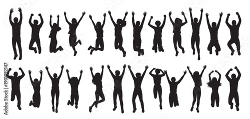 diverse group of people silhouettes jumping with arms raised