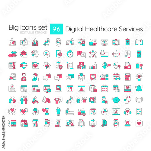 Digital healthcare services two color line icons set. Appointment with doctor online. Telehealth access for patients bicolor outline mega pack isolated. Duotone thin lineart. Editable stroke