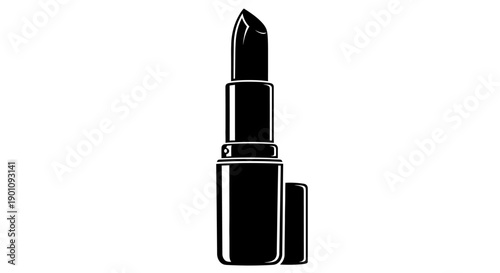 A black and white illustration of a black lipstick with its cap beside it.