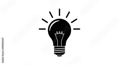 A simple black and white illustration of a glowing light bulb with radiating lines symbolizing an idea.