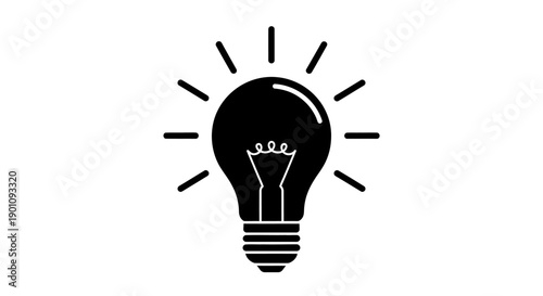 A black silhouette of a lit incandescent light bulb with radiating lines symbolizing an idea.