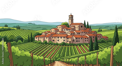 A picturesque Italian village nestled amidst rolling vineyards and lush green hills under a clear sky.