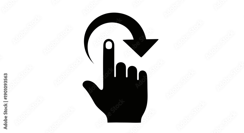 Obraz premium A black icon depicting a human finger touching a screen with a circular arrow indicating a swipe gesture.