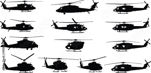 Large collection of black helicopter silhouette vector icons isolated on white background, featuring various military and civilian chopper aircraft for air transportation design projects.