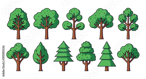 A collection of diverse cartoon-style trees with green foliage and brown trunks, presented in two rows against a white background.
