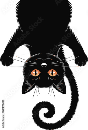 Playful black cat hanging upside down with big orange eyes and a long curled tail for animal lover and Halloween,