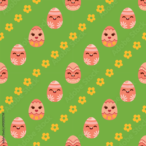 Seamless Easter egg pattern with cartoon faces and flowers Cute decorated eggs with smiling faces and green background Happy egg characters in festive seamless spring pattern