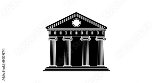 A black and white illustration of a classical Greek temple with columns and a triangular pediment.