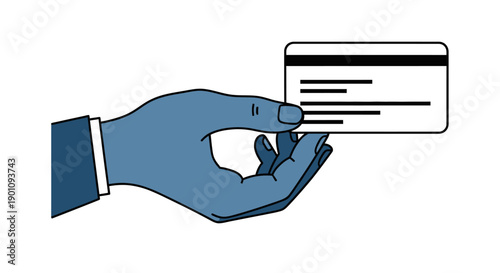A hand in a suit sleeve holds a white credit card with a magnetic stripe and lines of text.