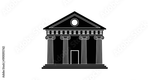 A black and white illustration of a classical Greek temple with columns and a triangular pediment.