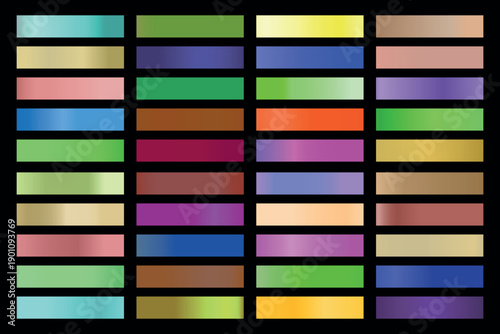 Metalic gradient collection with shiny rainbow hologram. Holographic foil texture, green, blue, yellow, pink gradation. Vector set for frame, ribbon, border, other design.