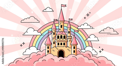 A whimsical cartoon castle sits atop fluffy pink clouds with a vibrant rainbow arching behind it under a sky of radiating pink stripes and scattered stars.