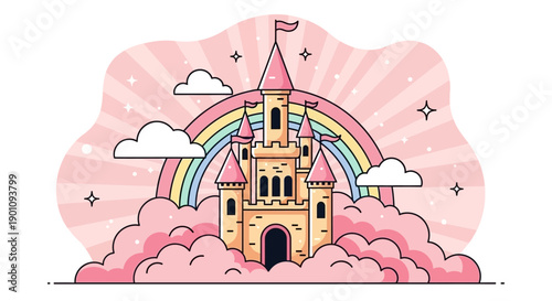 A whimsical cartoon illustration of a fairytale castle perched atop fluffy pink clouds with a rainbow arching behind it.