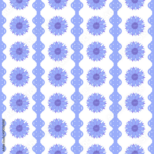 Seamless floral pattern with blue cornflowers arranged in vertical decorative stripes. Soft pastel vector background suitable for textiles, wallpaper, wrapping paper and surface design.
