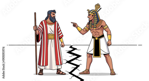Moses confronts Pharaoh, symbolizing the struggle between the Israelites and the Egyptians, with a crack dividing them.
