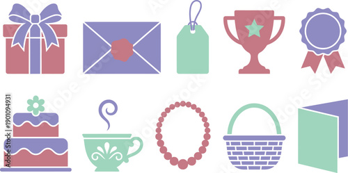 Mother's Day appreciation and gift icons set with 10 elements dusty rose lavender mint gift box bow envelope heart tag trophy medal cake tea cup necklace basket greeting card flat vector