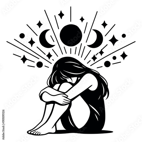 Line art illustration of a woman depicting vulnerability and celestial connection for mental health and spiritual concepts