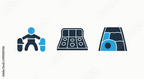 Icons representing winter sports and activities: a skier with poles, a snowboarding arena or park, and a bobsled track or tunnel for winter sports.