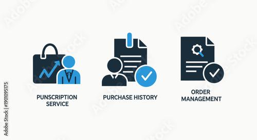 Icons for e-commerce and business management: subscription service icon, purchase history, and order management for online sales and customer service.