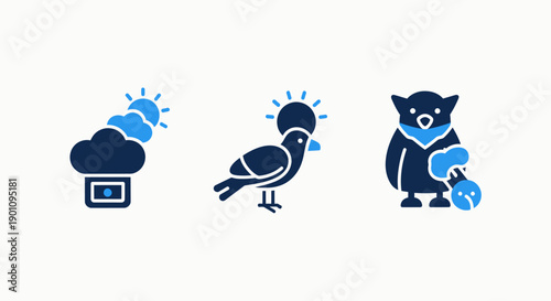 Quirky icons: a scale with clouds and sun, a stylized bird under the sun, and a cartoonish owl holding a round object for weather, nature, or fantasy themes.