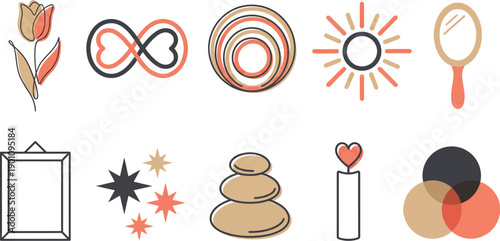 Minimalist line art and abstract love symbols collection with 10 elements charcoal warm beige coral continuous line tulip infinite loop hearts circles sun mirror frame stars stone cairn candle flat 