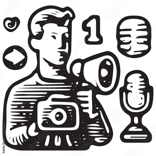 Influencer Content Creator With Megaphone Hand Drawn Digital Marketing Social Media Icon