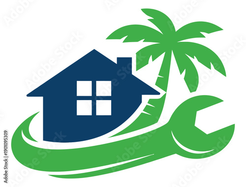 Graphic illustration of a house, palm tree, and wrench depicting maintenance and repair services for properties