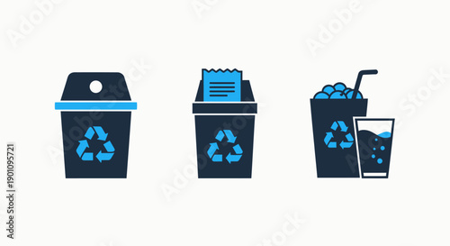 Recycling and waste management icons: trash bin, paper bin, and beverage cup with recycle symbols in dark blue and blue