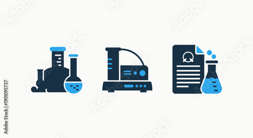 Laboratory and scientific research icons: beakers, centrifuge, and data report with test tubes in flat style
