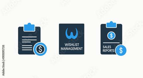 Icons for wishlist management, sales reports, and item selection with currency symbols and clipboard elements