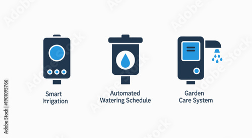 Smart irrigation and garden care system icons, featuring automated watering schedule and water faucet in flat design