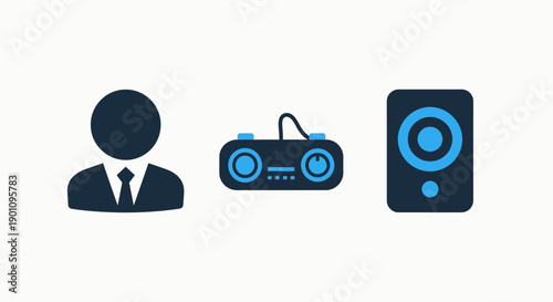 Icons for a person, audio device, and speaker, representing sound technology, music, and entertainment