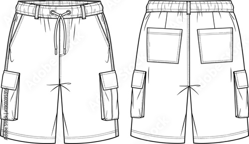 Men cargo shorts technical fashion illustration showing front and back views with pockets drawstring waistband isolated on white background for apparel design projects