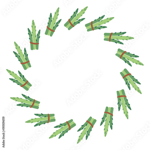 Round frame with asparagus. Hand-drawn colorful harvest and lettuce leaves. Healthy organic food. Fresh, healthy vegetables.