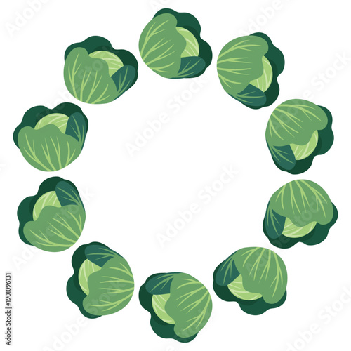 Round frame with cabbage. Hand-drawn colorful harvest and lettuce leaves. Healthy organic food. Fresh, healthy vegetables.