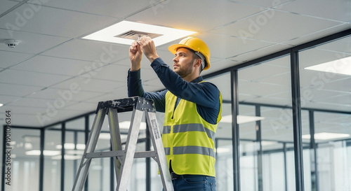 Electrician in helmet changing light fixture in office lighting on ladder  