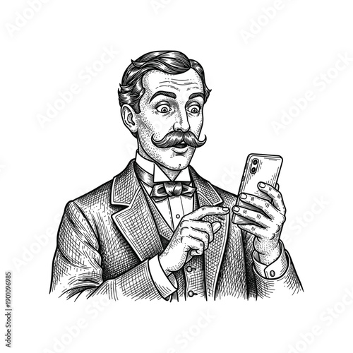 Vintage illustration of Man with Vintage Phone